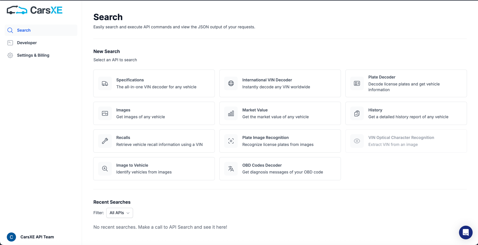 CarsXE Dashboard — search VINs, plates, and vehicles with zero code
